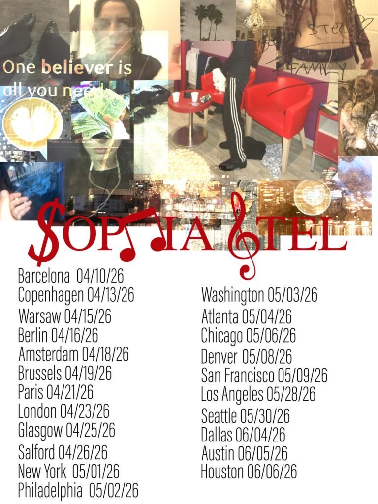 Sophia Stel’s 2026 headline tour poster. The 22-date run, opening in Barcelona on 10 April and closing in Houston on 6 June, carries the intimate architecture of her Vancouver basement recordings onto stages across Europe and North America.